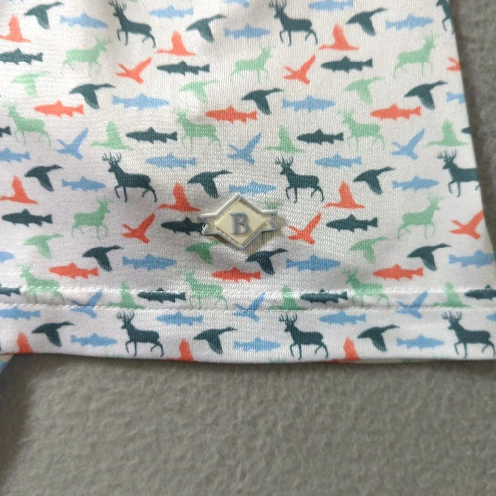 Burlebo Mens Performance Polo Shirt Large Wildlife Deer Duck Fish Print White - Picture 4 of 8